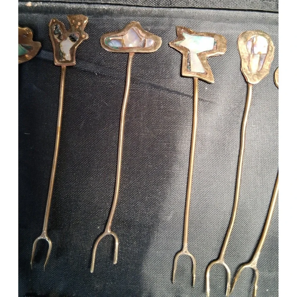 22 Vintage Mexican Alpaca Silver Cocktail Forks/Picks with Abalone Inlay
